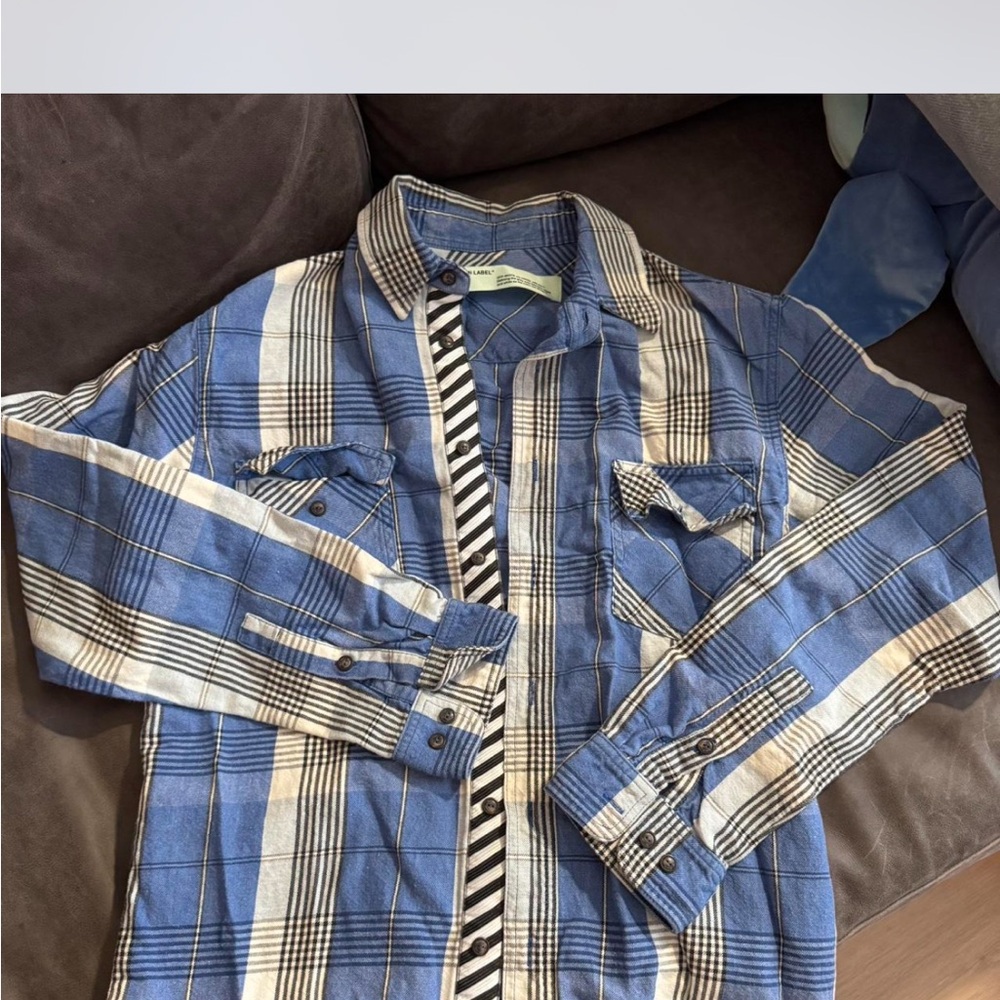 Off-White Blue Plaid Shirt with Black and White Accents